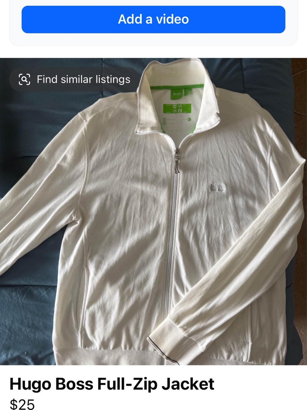 Hugo Boss White Full-Zip Jacket with Green Interior Trim